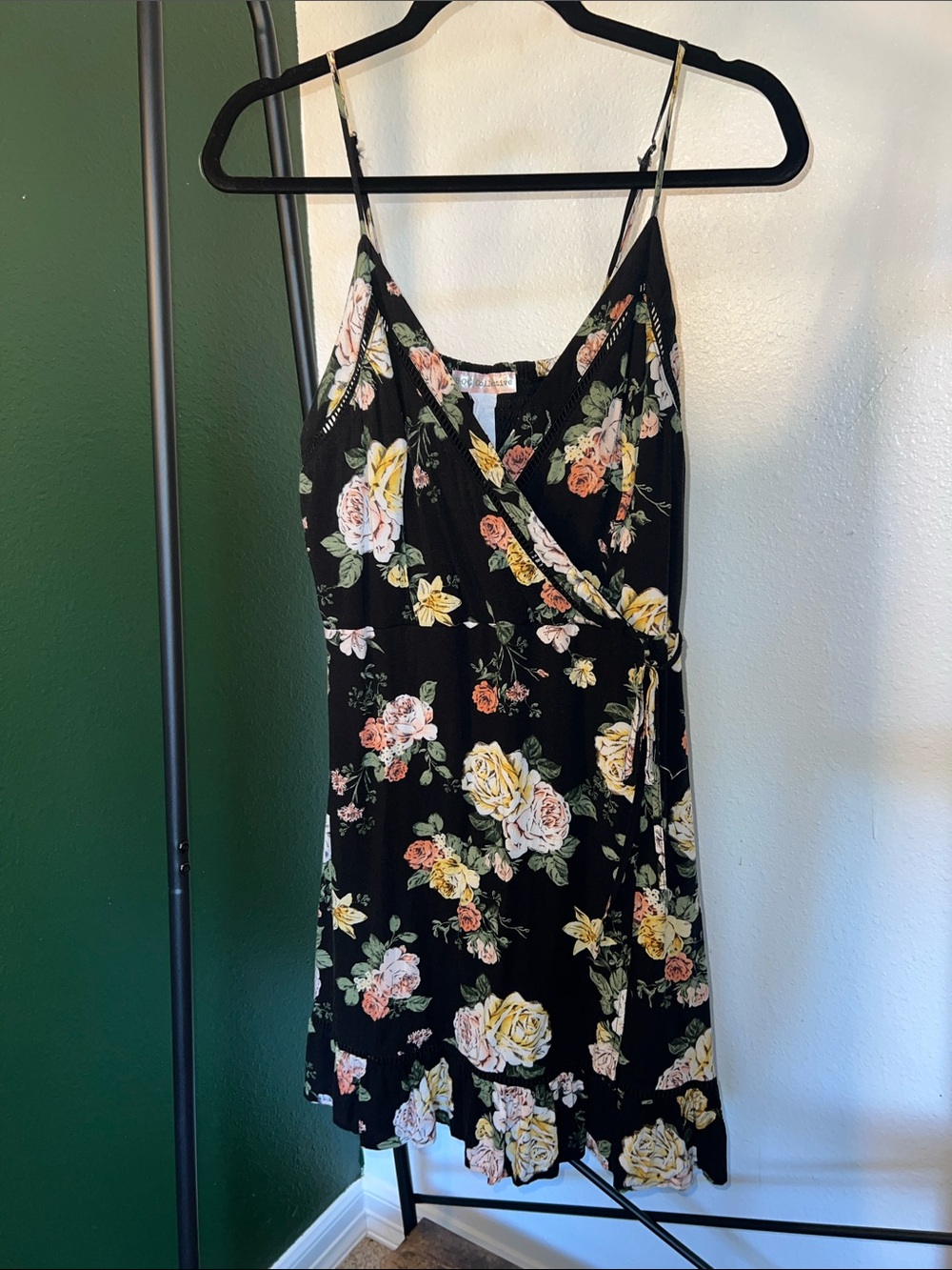 Floral Surplice Mini Dress in Black with Yellow & Pink Roses